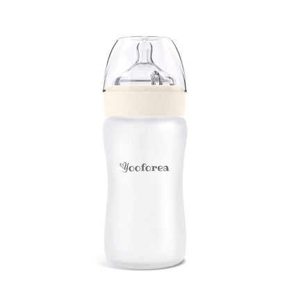Yooforea Silicone Coated Glass Baby Bottle, 0M+ Slow Flow Nipple I Anti-Colic, Wide Neck, Stable Base I Medical-Grade Silicone Coating for Shatter Protection, BPA BPS PVC Free (3 Ounce-Honey)