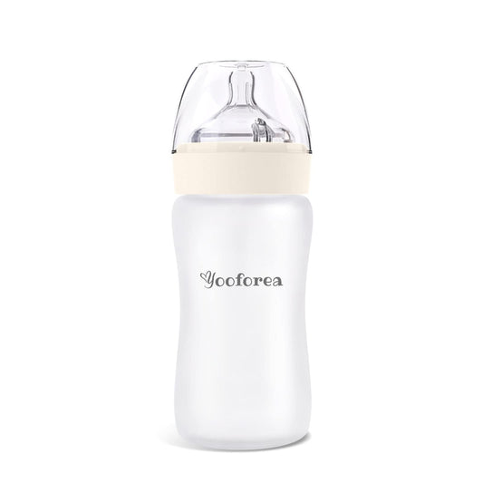 Yooforea Silicone Coated Glass Baby Bottle, 0M+ Slow Flow Nipple I Anti-Colic, Wide Neck, Stable Base I Medical-Grade Silicone Coating for Shatter Protection, BPA BPS PVC Free (3 Ounce-Honey)
