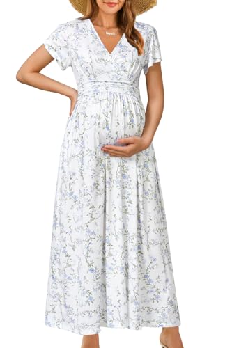 OUGES Maternity Maxi Dress Wrap V Neck Baby Shower Pregnancy Dresses for Photoshoot