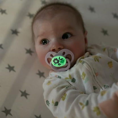 Dr. Brown's Advantage Glow-in-the-Dark Baby Pacifier, Fully Symmetrical Soother with Soft Silicone Bulb, Scooter Squirrel-Purple Nature, 6-18m, BPA Free, 4 Pack