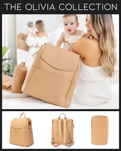 Leather Diaper Bag Backpack with USB Charging port, Changing Pad, Stroller Straps, and Bottle Holder (Brown Olivia)