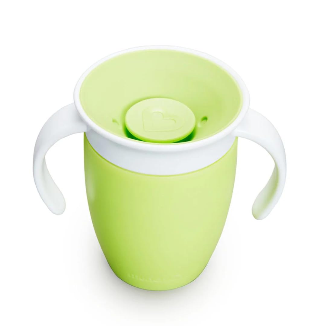 Munchkin Sippy Cup for 6 Month Old and Up, Spill Proof Miracle 360 Toddler Cups with Transition Handles, 7 Ounce, 2 Pack, Blue/Green