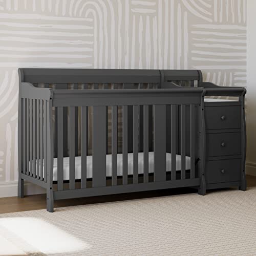 Storkcraft Portofino 5-in-1 Convertible Crib and Changer (Espresso) – Crib and Changing -Table Combo with 3 Drawers, Includes Baby Changing Pad, Converts to Full-Size Bed