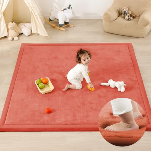 1.3" Thick Baby Play Mat,Ultra Soft Elasti-Foam 50×50 Playpen Mat for Tummy Time,Water-Repellent Coral Fleece Nursery Rug for Infants,Toddlers,Kids,Non-Slip Safe for Crawling(Light Grey)
