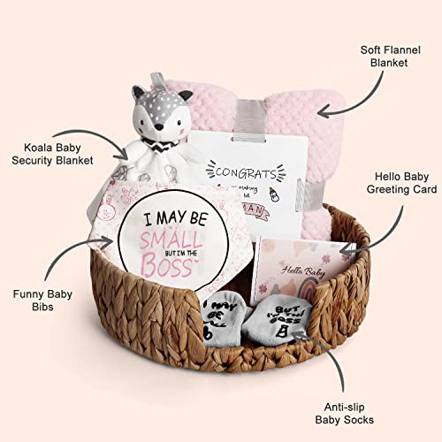 Baby Shower Gifts, Baby Boy Gifts Basket Includes Newborn Blanket Baby Lovey Security Blanket Wooden Rattle Toy, Funny Baby Bibs Socks & Greeting Card - Baby Gift Set Newborn Shower Basket