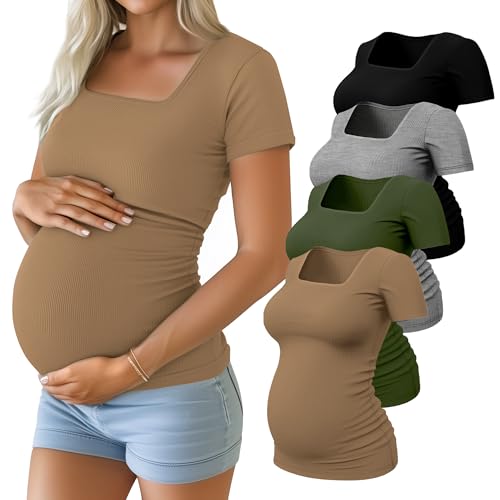 Huukeay 4 Pack Women's Maternity Shirts Cotton Ribbed Short Sleeve Square Neck Pregnancy Tops Side Ruched Summer Tee
