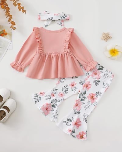 Toddler Baby Girl Clothes Fall/Winter Girls Outfits Ruffle Long Sleeve Tops Floral Flared Pants Girls' Clothing Sets