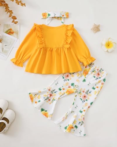 Toddler Baby Girl Clothes Fall/Winter Girls Outfits Ruffle Long Sleeve Tops Floral Flared Pants Girls' Clothing Sets