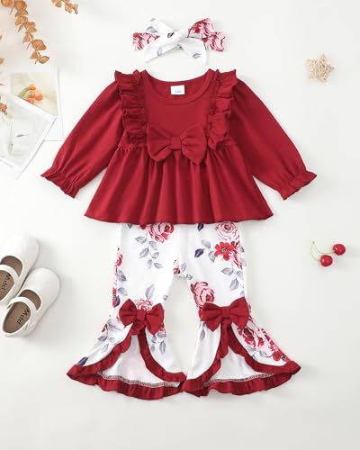 Toddler Baby Girl Clothes Fall/Winter Girls Outfits Ruffle Long Sleeve Tops Floral Flared Pants Girls' Clothing Sets