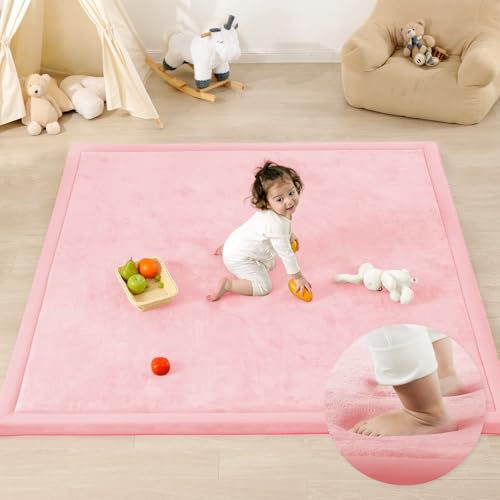 1.3" Thick Baby Play Mat,Ultra Soft Elasti-Foam 50×50 Playpen Mat for Tummy Time,Water-Repellent Coral Fleece Nursery Rug for Infants,Toddlers,Kids,Non-Slip Safe for Crawling(Light Grey)