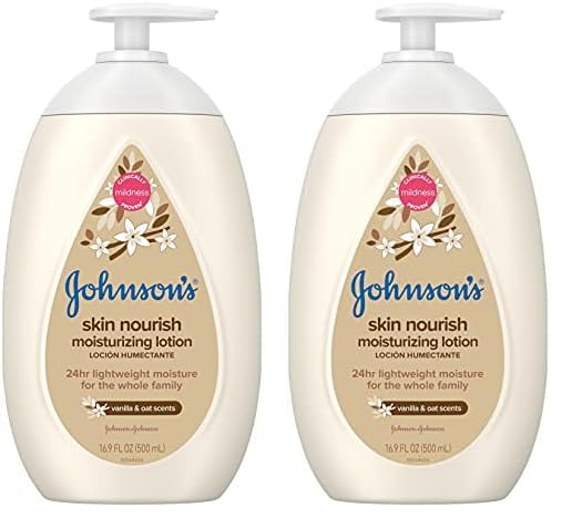 Johnson's Skin Nourish Moisturizing Baby Lotion for Dry Skin with Vanilla & Oat Scents, Gentle & Lightweight Body Lotion for the Whole Family, Hypoallergenic, Dye-Free, 16.9 fl. oz