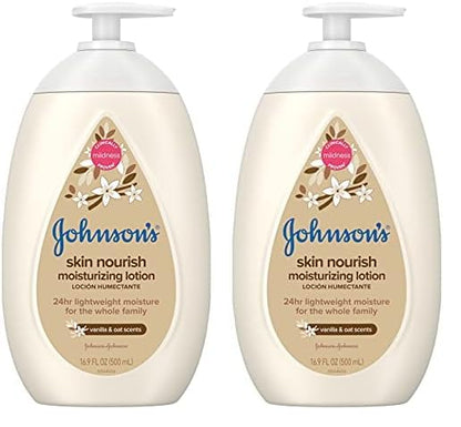 Johnson's Skin Nourish Moisturizing Baby Lotion for Dry Skin with Vanilla & Oat Scents, Gentle & Lightweight Body Lotion for the Whole Family, Hypoallergenic, Dye-Free, 16.9 fl. oz