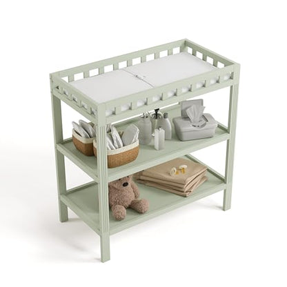 Storkcraft Morningside Changing Table (Sage) – GREENGUARD Gold Certified Baby Changing Table, Includes Waterproof Diaper Changing Pad, Easy 30-Minute Assembly, 2 Open Shelves for Storage