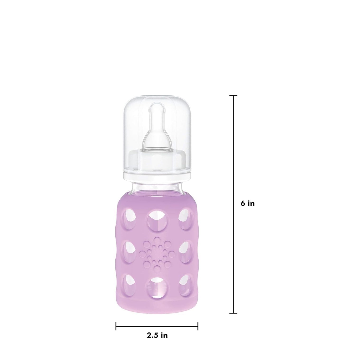 Lifefactory 4-Ounce BPA-Free Glass Baby Bottle with Protective Silicone Sleeve and Stage 1 Nipple, Lilac