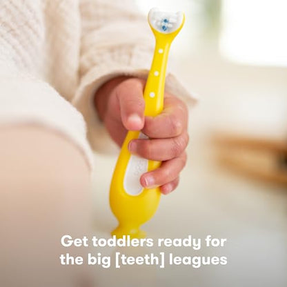 Frida Baby Grow-with-Me Baby Toothbrush Training Set | Infant to Toddler Toothbrush 0-12 months, Cleans All Sides at Once, Oral Care for Sensitive Gums | Yellow