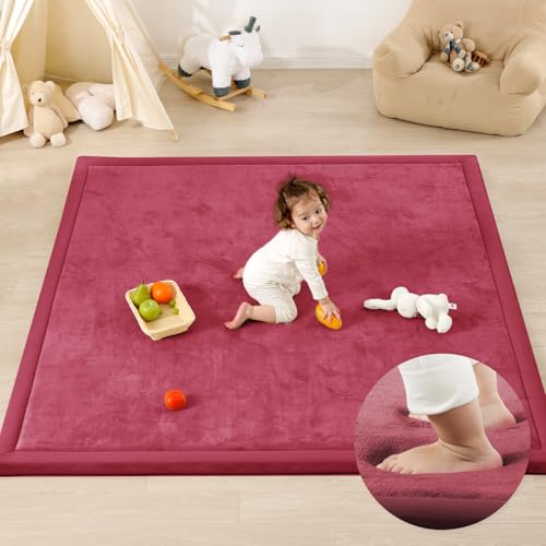1.3" Thick Baby Play Mat,Ultra Soft Elasti-Foam 50×50 Playpen Mat for Tummy Time,Water-Repellent Coral Fleece Nursery Rug for Infants,Toddlers,Kids,Non-Slip Safe for Crawling(Light Grey)