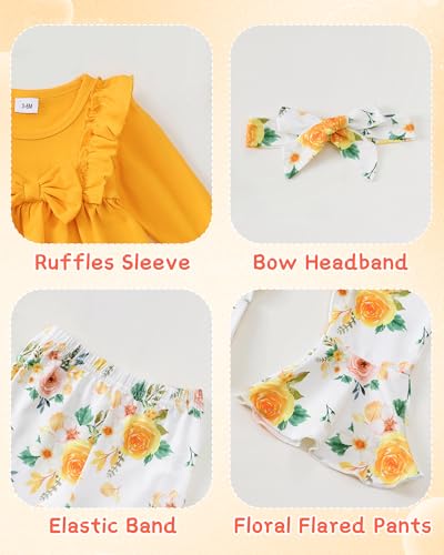 Toddler Baby Girl Clothes Fall/Winter Girls Outfits Ruffle Long Sleeve Tops Floral Flared Pants Girls' Clothing Sets