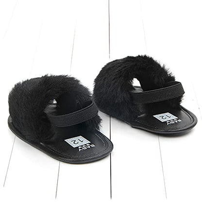 2 Pack Infant Baby Girls Sandals Elastic Back Strap Flats Slippers Soft Toddles Princess Shoes Faux Fur Slides Shoes First Walker House Shoes