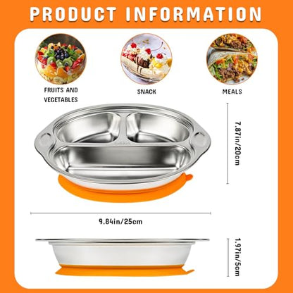 Mrs. Chou® Stainless Steel Baby Suction Plates Divided Designed for Babies and Toddlers, Made of 100% Food-Grade Materials Ideal for Baby-Led Weaning BPA-Free Toddler Feeding Supplies Dishwasher Safe