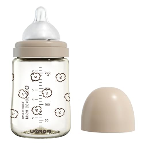 PPSU All in One Baby Bottle, PPSU Baby Bottle for Breastfeeding Babies, Anti-Colic Wide-Neck Non-Tip Stable Base, Easy to Clean Natural Baby Bottle 200ml, 6.76oz, Nipple S Level(0~3M) (Beige)