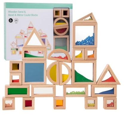 Rainbow Sensory Toys Blocks,15 Large Pcs Wooden Building Blocks for Toddlers Baby Kids,Colorful Geometric Stacking Toys, Preschool Educational Toy Set.