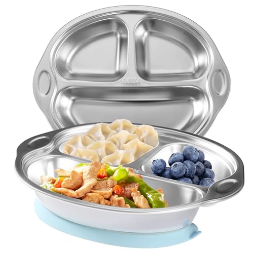 Mrs. Chou® Stainless Steel Baby Suction Plates Divided Designed for Babies and Toddlers, Made of 100% Food-Grade Materials Ideal for Baby-Led Weaning BPA-Free Toddler Feeding Supplies Dishwasher Safe