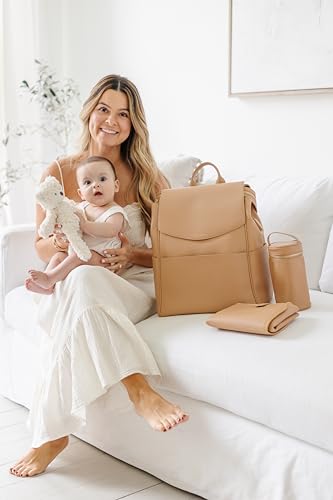 Leather Diaper Bag Backpack with USB Charging port, Changing Pad, Stroller Straps, and Bottle Holder (Brown Olivia)