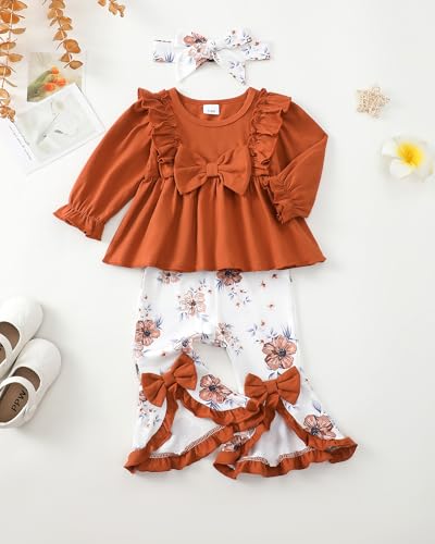 Toddler Baby Girl Clothes Fall/Winter Girls Outfits Ruffle Long Sleeve Tops Floral Flared Pants Girls' Clothing Sets