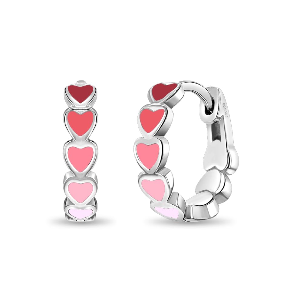 925 Sterling Silver Tiny Heart Enamel Huggie Hoop Earrings - Multicolored Heart Themed Hoops