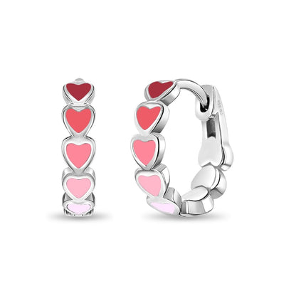 925 Sterling Silver Tiny Heart Enamel Huggie Hoop Earrings - Multicolored Heart Themed Hoops