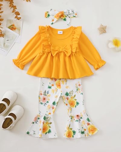 Toddler Baby Girl Clothes Fall/Winter Girls Outfits Ruffle Long Sleeve Tops Floral Flared Pants Girls' Clothing Sets