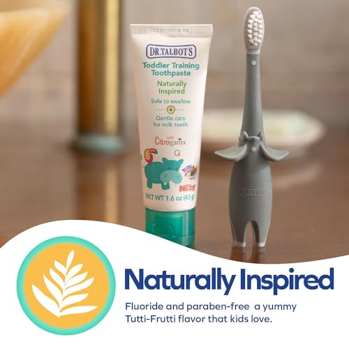 Dr. Talbot's Toddler Training Toothbrush and Natural Kids Toothpaste with Citroganix - 1.6 oz - Fluoride-Free Toothpaste and Toddler Toothbrush - 6+ Months - Alligator