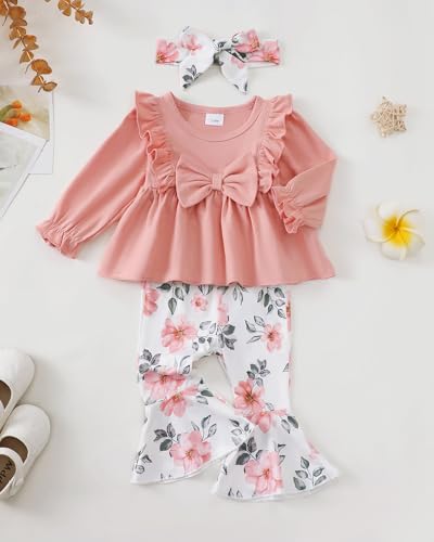 Toddler Baby Girl Clothes Fall/Winter Girls Outfits Ruffle Long Sleeve Tops Floral Flared Pants Girls' Clothing Sets