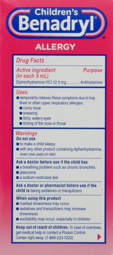 Benadryl Children's Dye-Free Allergy Relief Liquid + 12.5 mg Diphenhydramine HCl, Antihistamine Allergy Medicine for Kids Helps Relieve Runny Nose & Sneezing, Bubble Gum Flavor, 8 fl. oz