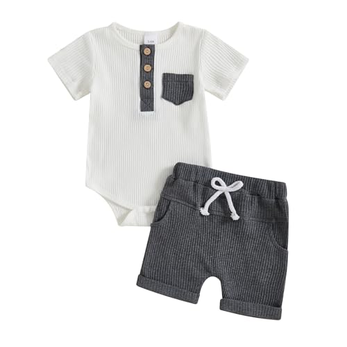 fhutpw Baby Boy Clothes Short Sleeve Romper & Shorts Sets Newborn 3 6 12 Months Summer Knitted Ribbed Splicing Color Outfits