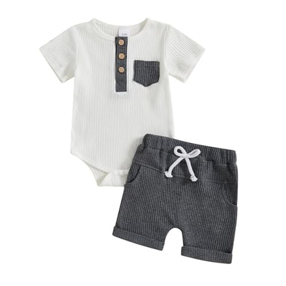fhutpw Baby Boy Clothes Short Sleeve Romper & Shorts Sets Newborn 3 6 12 Months Summer Knitted Ribbed Splicing Color Outfits