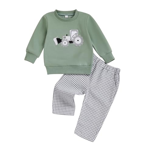 Toddler Baby Boy Fall Winter Outfit Long Sleeve Excavator Embroidery Pullover Plaid Wide Leg Pants Infant Clothes