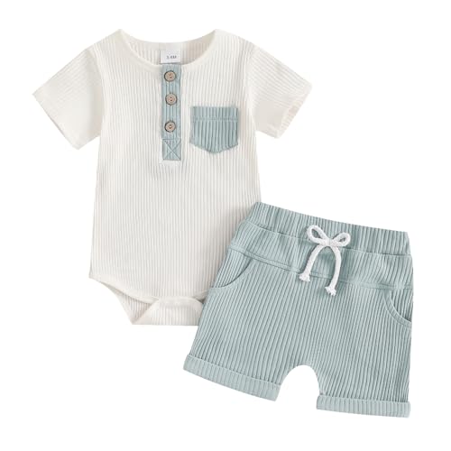 fhutpw Baby Boy Clothes Short Sleeve Romper & Shorts Sets Newborn 3 6 12 Months Summer Knitted Ribbed Splicing Color Outfits