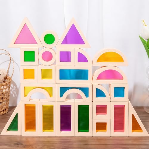 Rainbow Sensory Toys Blocks,15 Large Pcs Wooden Building Blocks for Toddlers Baby Kids,Colorful Geometric Stacking Toys, Preschool Educational Toy Set.