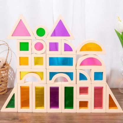 Rainbow Sensory Toys Blocks,15 Large Pcs Wooden Building Blocks for Toddlers Baby Kids,Colorful Geometric Stacking Toys, Preschool Educational Toy Set.