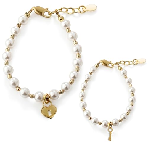 Cherished Moments Sterling Silver & 14K Gold Plated Mom and Me Cultured & Simulated Pearl Matching Bracelet Set for Mother and Daughters