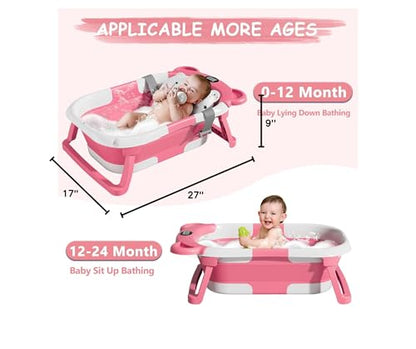 MoreFeel Collapsible Baby Bathtub for Newborn with Thermometer & 1 Hooded Towel & 1 Soft Floating Cushion,Portable Travel Bathtub with Drain Hole, Durable Foldable Baby Tubs for Infants to Toddler