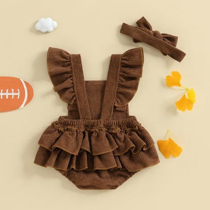 Football Baby Girl Outfit Embroidery Football Romper Ruffle Sleeve Corduroy Bodysuit Overalls Game Day Clothes