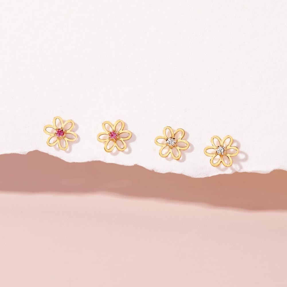 14k Yellow Gold Dainty Cubic Zirconia Young Girls Open Flower Earrings with Safety Screw Backs - Small Flower Stud Earrings for Toddlers with Locking Screw Backs for Safety & Comfort