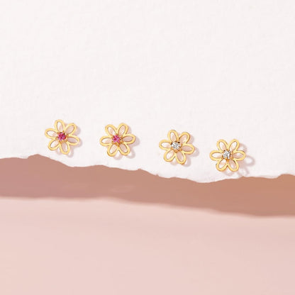 14k Yellow Gold Dainty Cubic Zirconia Young Girls Open Flower Earrings with Safety Screw Backs - Small Flower Stud Earrings for Toddlers with Locking Screw Backs for Safety & Comfort