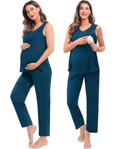 SWOMOG Maternity Nursing Robe Set 3 PCS Postpartum Breastfeeding Pajamas Hospital Pregnancy Pjs Double Layer Lounge Set