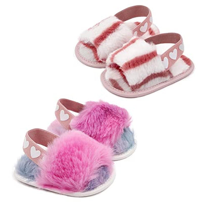 2 Pack Infant Baby Girls Sandals Elastic Back Strap Flats Slippers Soft Toddles Princess Shoes Faux Fur Slides Shoes First Walker House Shoes