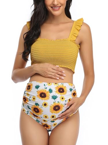 Summer Mae Maternity High Waist Bikini Swimsuit Two Piece Ruffled Hem Cute Bathing Suit Floral Pregnancy Swimwear