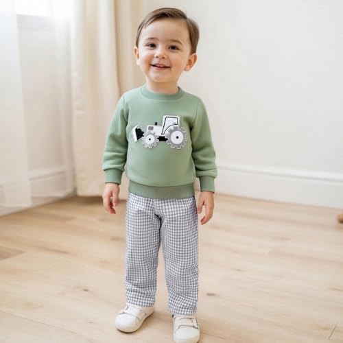 Toddler Baby Boy Fall Winter Outfit Long Sleeve Excavator Embroidery Pullover Plaid Wide Leg Pants Infant Clothes