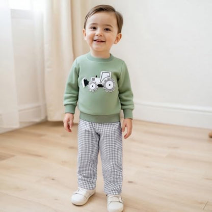 Toddler Baby Boy Fall Winter Outfit Long Sleeve Excavator Embroidery Pullover Plaid Wide Leg Pants Infant Clothes